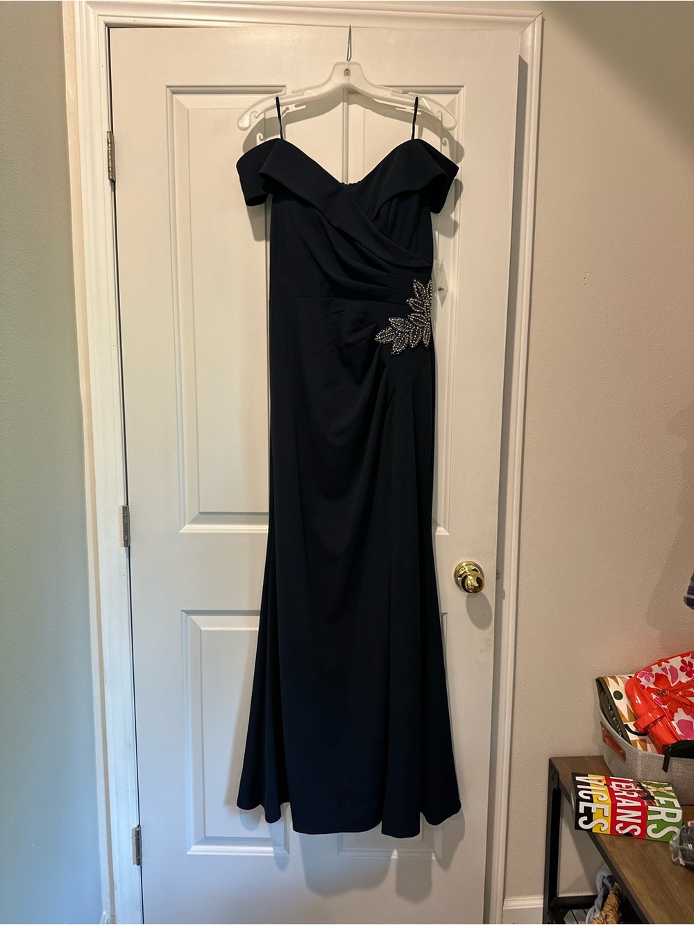 Alex Evenings Navy Strapless Evening Gown with Crystal Applique